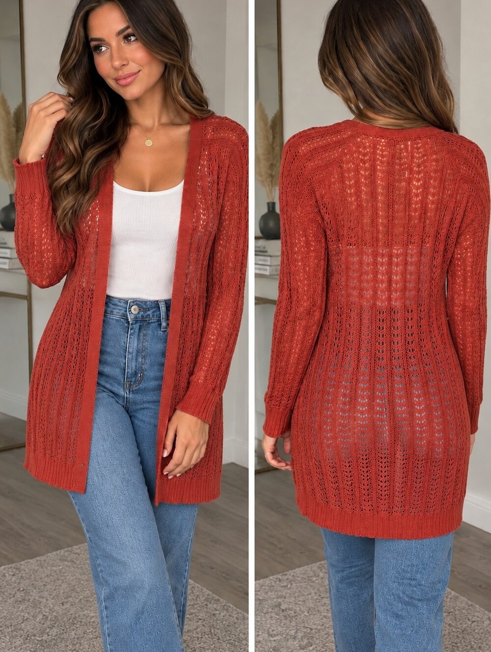 Rust Red Open-Knit Long Cardigan – Size Medium